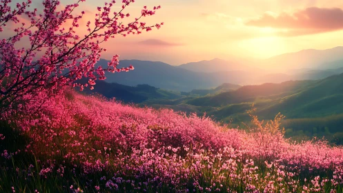 Sunset over rolling hills and vivid pink blossom slopes.
