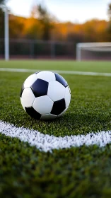 Quiet soccer ball waiting on the bright green touchline.