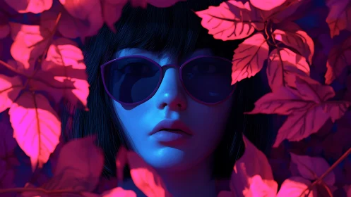 Woman with sunglasses framed by neon pink foliage at night.