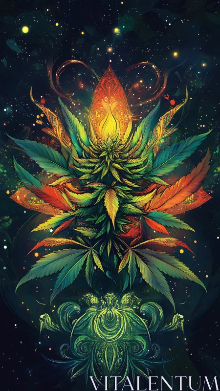 Psychedelic cannabis mandala forms a radiant cosmic totem