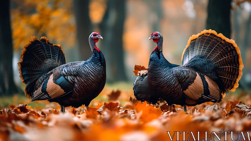 Two Wild Turkeys in Autumn Forest, Vibrant Nature Photography.