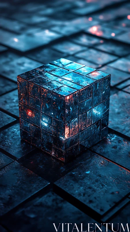 Glowing cyber cube resting on rain-slick metallic tiles.