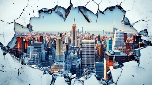 Shattered concrete window dramatically reveals vibrant city skyline