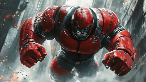 Furious armored juggernaut charges through a collapsing city street