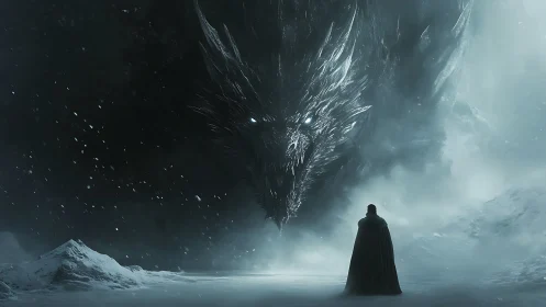 Frozen night holds a lone hero before a colossal ice dragon
