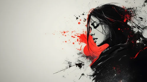 Monochrome female profile intersects red ink splatter dynamics