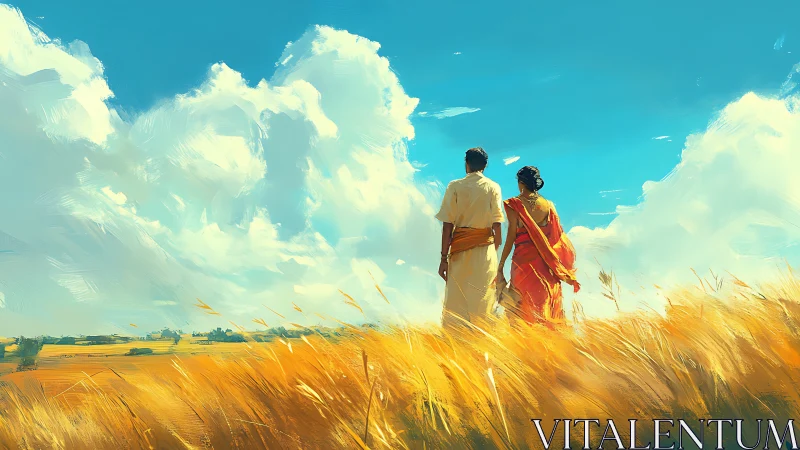 Rural lovers strolling beneath soaring monsoon clouds.