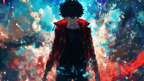 Dark-haired anime antihero stands in explosive neon storm.