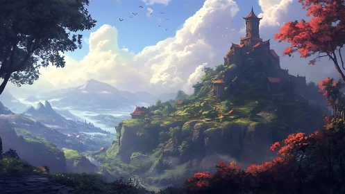 Skyward citadel above misty valleys and crimson groves.