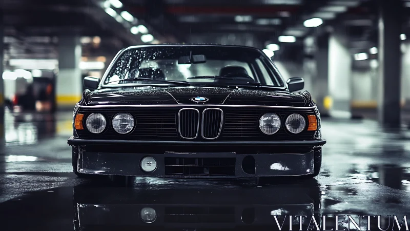 Classic black BMW front view in wet underground garage