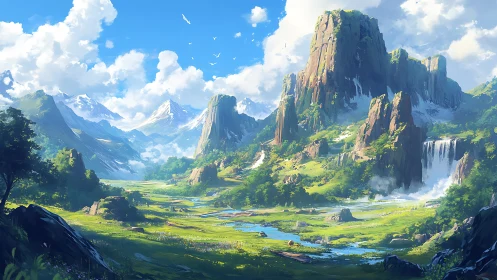 Sunlit fantasy valley unfolds beneath towering emerald peaks