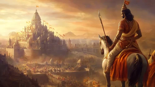 Golden warrior gazes toward a radiant ancient kingdom.