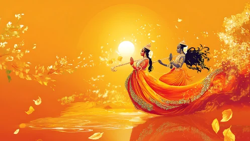 Divine couple glides through golden light in sacred harmony