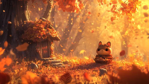 Cute forest creature gathers autumn leaves beside tree home