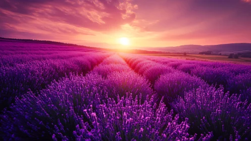 Lavender fields glow softly beneath a radiant summer sunset