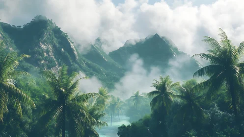 Tropical Mountain Valley with Verdant Peaks and Misty Cloud Formations.