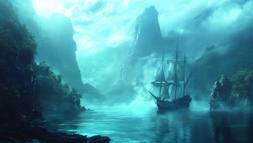 Mystic tall ship glides through glowing foggy sea cliffs