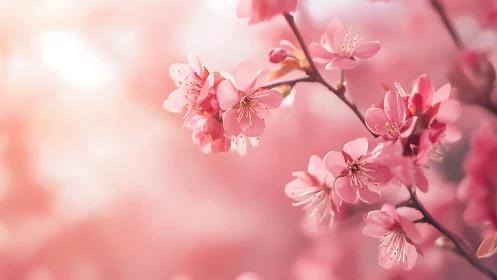 Gentle cherry blossoms glowing softly in warm spring light.