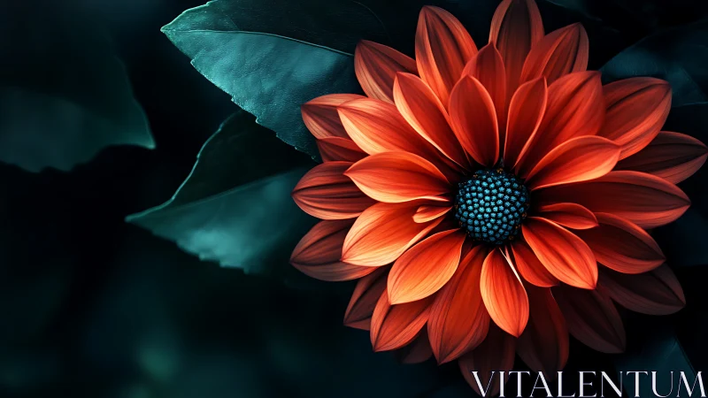 Red flower with teal foliage displayed against dark background