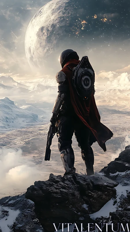 Lone armored space explorer overlooking frozen alien valley.
