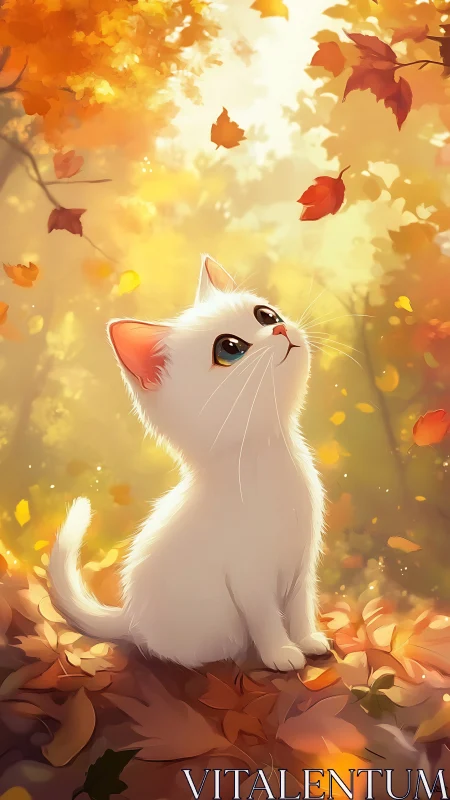 Curious White Kitten Chasing Autumn's Golden Leaves.