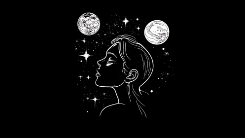 Monochrome female profile aligned with dual planets in stylized space