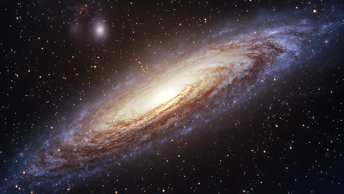 Spiral galaxy in oblique view with luminous stellar core rendering.