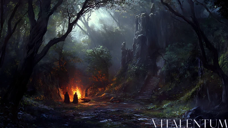 Forest firelight whispers at the foot of a ruined stairway.