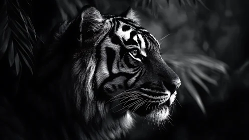 Monochrome tiger portrait in dense jungle shadows.