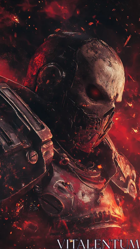 Armored skull-faced warrior stands in burning red embers
