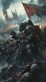 Grimdark armored crusaders storm a burning ruinous battlefield.