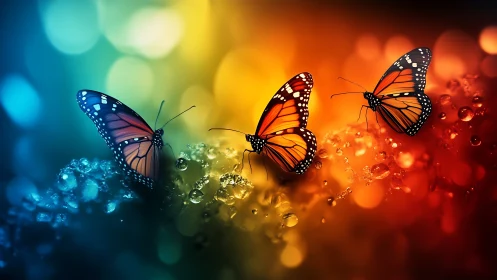 Three monarch butterflies over multicolor bokeh background.