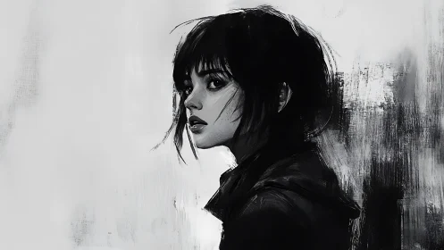 Moody monochrome portrait of young woman in profile.