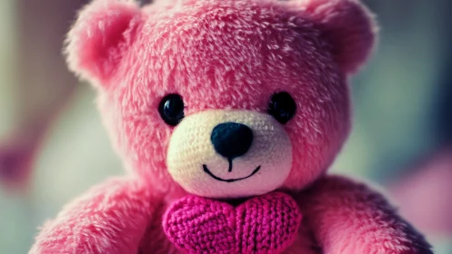 Pink teddy bear with knitted heart and cozy glow.