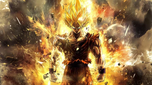 Explosive golden-haired warrior amid incandescent energy blast