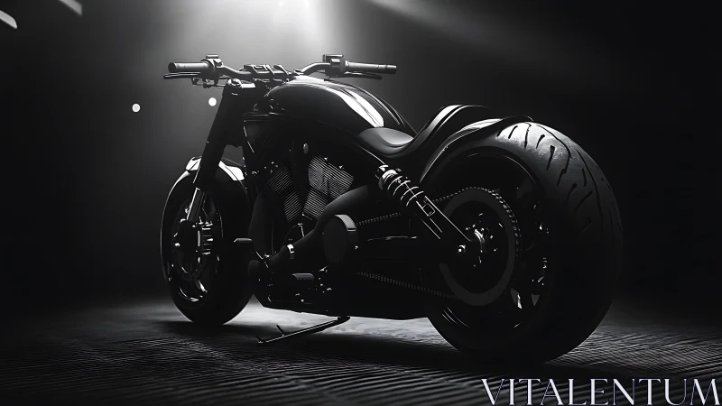 Custom black motorcycle stands under focused studio lighting