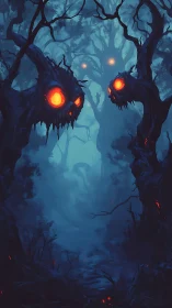 Glowing-eyed tree forms in dense blue nocturnal forest.