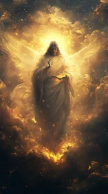 Celestial scribe descends through embers of stormlit heaven