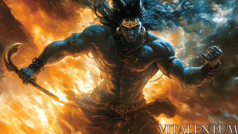 Fiery blue warrior strides through swirling storm and flame