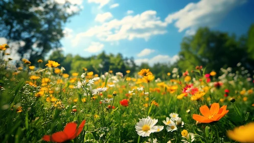 Wildflower meadow blooming with yellow, red, and white flowers