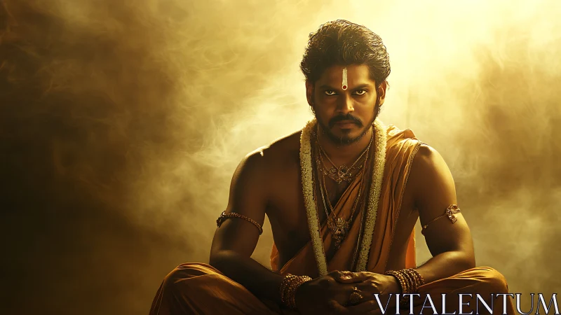 Male figure sits in traditional attire under diffused golden light
