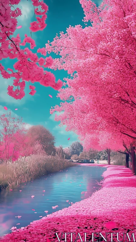 Vibrant cherry blossom canal glows under clear cyan sky
