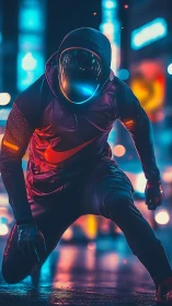 Hooded neon runner in reflective helmet on wet street.