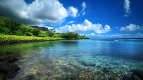 Tropical shoreline mirrors lush hills beneath vivid sky.