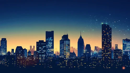 City lights waking up under a calm twilight sky.