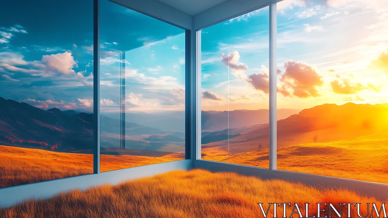 Interior glass corner framing sunlit hills and sky panorama.
