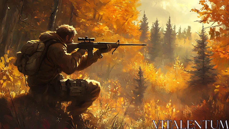 Autumn marksman pausing in a golden forest of quiet focus.
