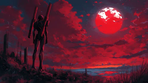 Solitary mech silhouette overlooks red moonlit seascape