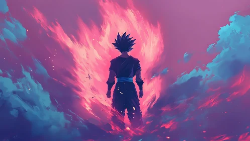 Flame‑crowned warrior ignites a neon storm sky.