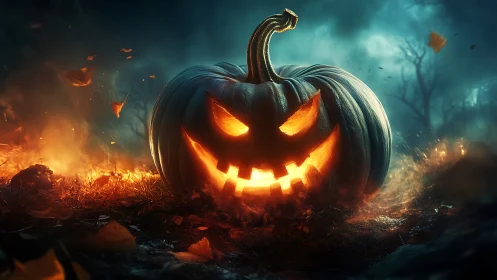 Luminous jack o lantern in atmospheric nocturnal firestorm.